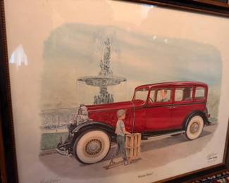 Framed C. Don Ensor signed print of a vintage automobile