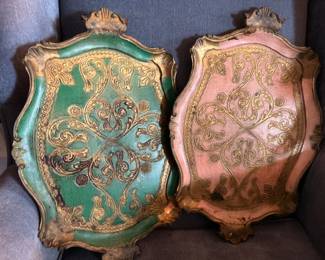Pair of Italian Florentine gilt tole serving trays, green and pink