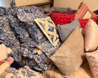 Decorative throw pillows and cushions, blue toile and assorted prints