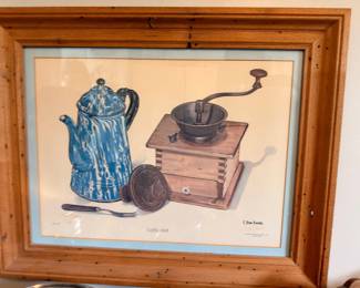 Framed C. Don Ensor Coffee Mill print, blue enamelware pot and grinder, pine frame