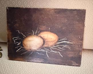 Signed original painting on board, eggs in a nest still life