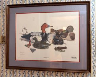 Framed C. Don Ensor signed print of antique duck decoys