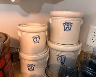 Numbered blue crown stoneware crocks, 1 through 4 gallon