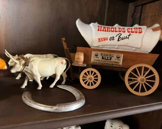 Vintage Harolds Club Reno or Bust covered wagon figurine with ox
