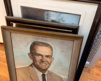 Framed portrait painting and assorted framed prints