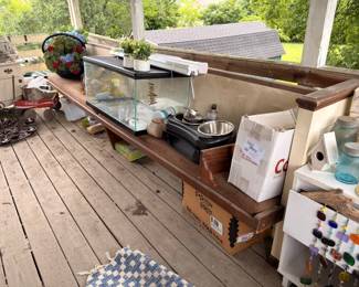 Glass aquarium tank, garden supplies and assorted household items