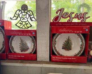 Boxed Christmas tree porcelain plates and bowls with holiday signs