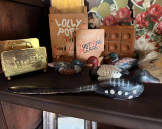 Miniature carved duck decoys, brass toaster and primitive decor