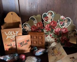 Vintage Valentine cards, primitive wood boxes and ephemera