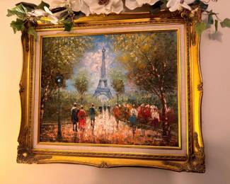 Framed Parisian Eiffel Tower street scene painting in gold gilt frame