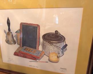 Framed C. Don Ensor signed print, schoolhouse still life with slate and bell