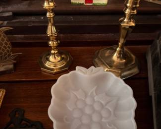 Brass candlesticks and milk glass grape pattern dish