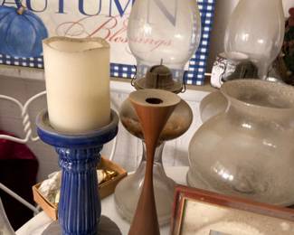 Autumn seasonal decor, candlesticks, oil lamps and harvest accents