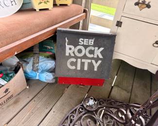 See Rock City sign, vintage crates and garden decor