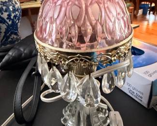 Victorian pink quilted glass dome table lamp with crystal prisms