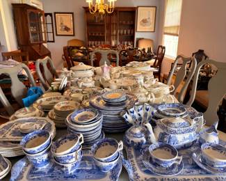 Dining room packed with blue and white transferware china