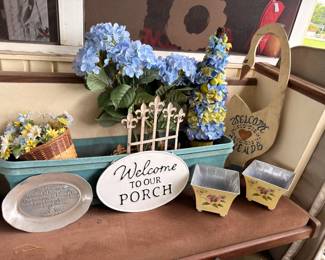 Spring garden decor, faux florals, planters and welcome signs