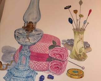 Framed C. Don Ensor signed print That Hat, oil lamp and hatbox still life