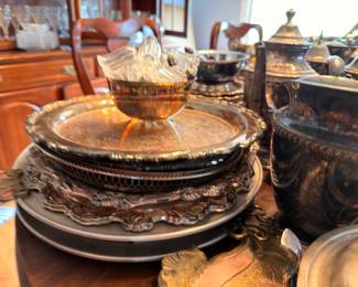 Silverplate trays, compote and tea service