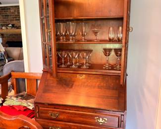 Mahogany secretary bookcase china cabinet with glass stemware