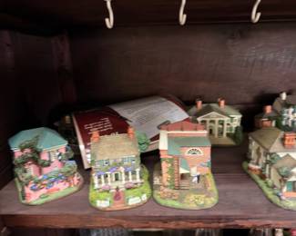 Collection of miniature ceramic cottage village house figurines