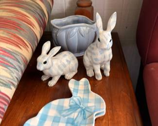 Spring Easter decor, ceramic bunny figurines and gingham rabbit dish