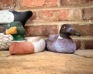 Painted carved wood duck decoys, mallard and diving ducks