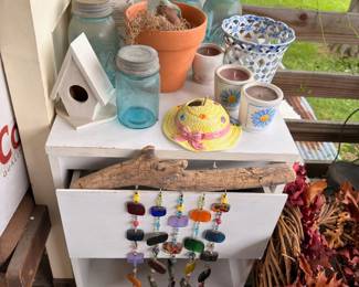 Garden decor, vintage blue Ball mason jars, birdhouse and wind chimes