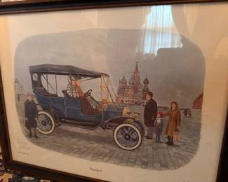 Framed C. Don Ensor signed print of an antique touring car