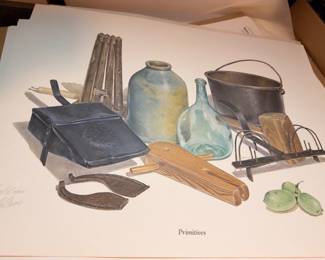 Framed C. Don Ensor signed print Primitives, antique tools still life