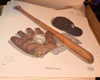 Framed C. Don Ensor signed print Baseball Memories, vintage baseball still life