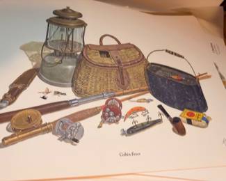Framed C. Don Ensor signed print Cabin Fever, fishing creel and tackle still life