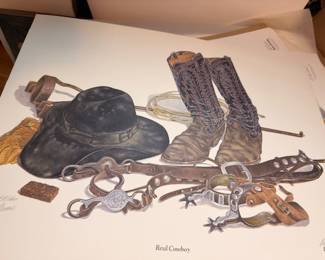 Framed C. Don Ensor signed print Real Cowboy, Western boots and spurs still life
