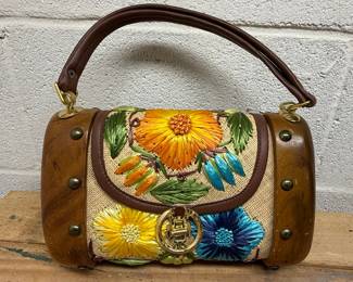Vintage "Made in Philippines" Woven Straw and Wood Handbag with Floral Embroidery