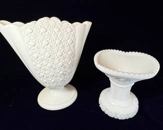 Pair of White Milk Glass Pedestal Vases in Daisy and Button Pattern