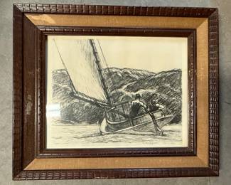 Edward Hopper Style Sailing Scene Etching