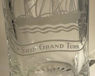 Ship Grand Turk 1786 Etched Glass Beer Stein with Pewter Lid
