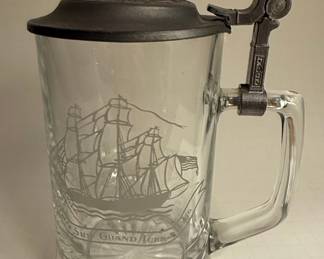 Ship Grand Turk 1786 Etched Glass Beer Stein with Pewter Lid