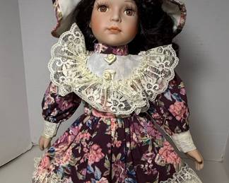 Porcelain Doll with Floral Dress and Bonnet Style