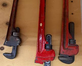 Lot of Three Pipe Wrenches: Fuller Super/Quality 10 Inch, Red Painted Unknown Brand, Red Painted Unknown Brand