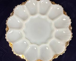 Anchor Hocking Fire King Milk Glass Deviled Egg Plate with Gilded Rim