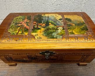 Vintage Wooden Keepsake Box with Scenic Inlay