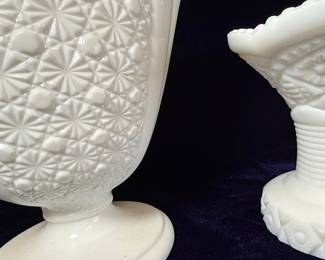 Pair of White Milk Glass Pedestal Vases in Daisy and Button Pattern