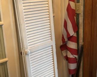 Antique Stoneware Butter Churn Crock, White Pantry Closet Door, American Flag with Flag Pole