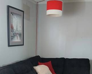 Red and white hanging lamp from ikea. Contact Cindy if interested in the sofa.