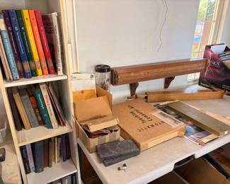 Physics books, pipe organ, pulleys