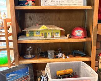 Marx Train station, license plates, soapbox derby paper safety helmet  Lionel train 249