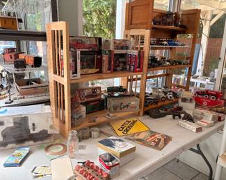 die cast trains and cars, gas pumps
