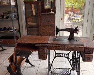 Singer  base sewing machine, Antique Side by Side, New Peabody school desk 