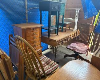 Jewelry cabinet, end tables, desk, 